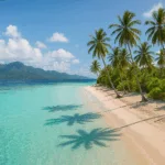 Plage paradisiaque bordée de palmiers en Outre-mer avec une mer turquoise et des montagnes à l’horizon